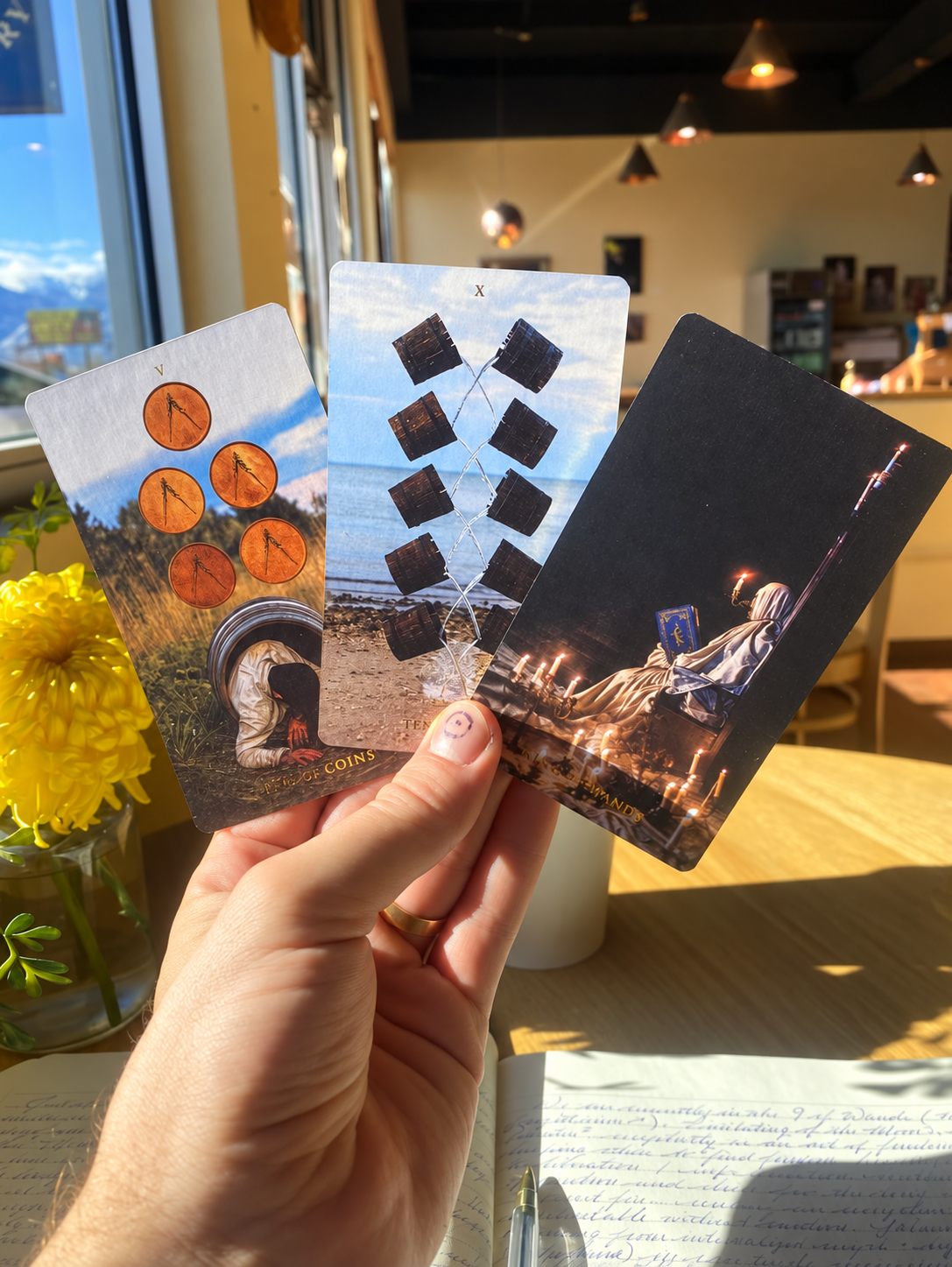 Three tarot cards held in warm natural light